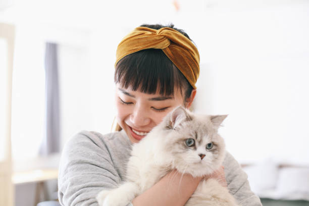 Femme qui tient un chat blanc dans ses bras